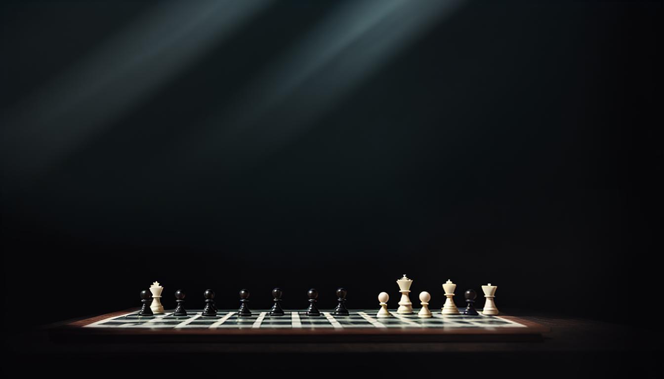  digital illustration, A chessboard with pieces in mid play, some hidden in darkness, others illuminated, representing unpredictability, enigma, intellect, strategy, tension, looking at viewer, dynamic pose, (intricate details, masterpiece, best quality)