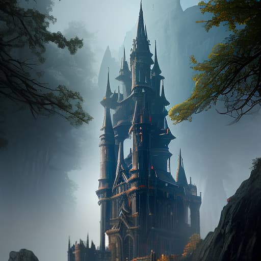  A large black castle, lying in ruins. hyperrealistic, full body, detailed clothing, highly detailed, cinematic lighting, stunningly beautiful, intricate, sharp focus, f/1. 8, 85mm, (centered image composition), (professionally color graded), ((bright soft diffused light)), volumetric fog, trending on instagram, trending on tumblr, HDR 4K, 8K