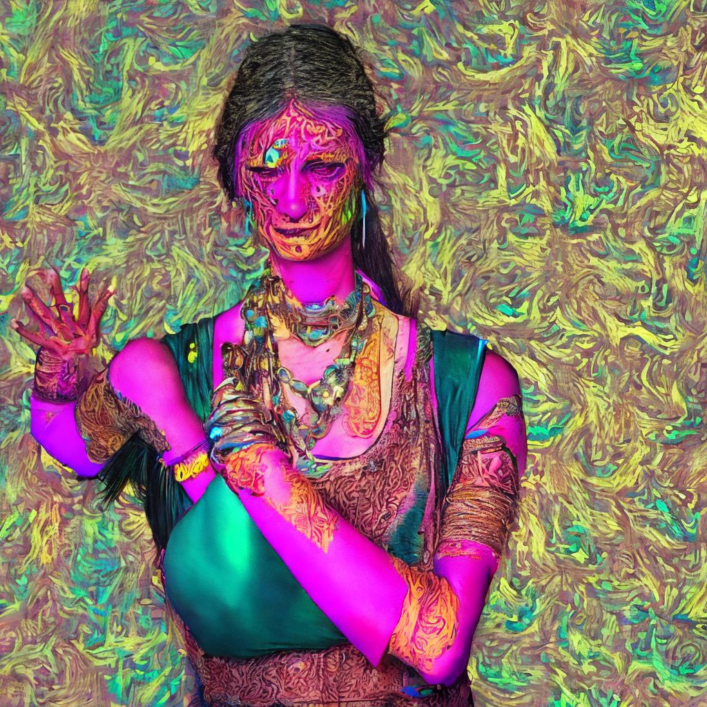  A cyberpunk woman steeped in Indian pop culture, drenched in neon hues, radiating electricity, embodying a Pagan spirit with fluorescent henna patterns coursing along her metallic arms, enveloped in the texture of whispering silk brocade, under the influence of an omnipresent benevolent AI deity