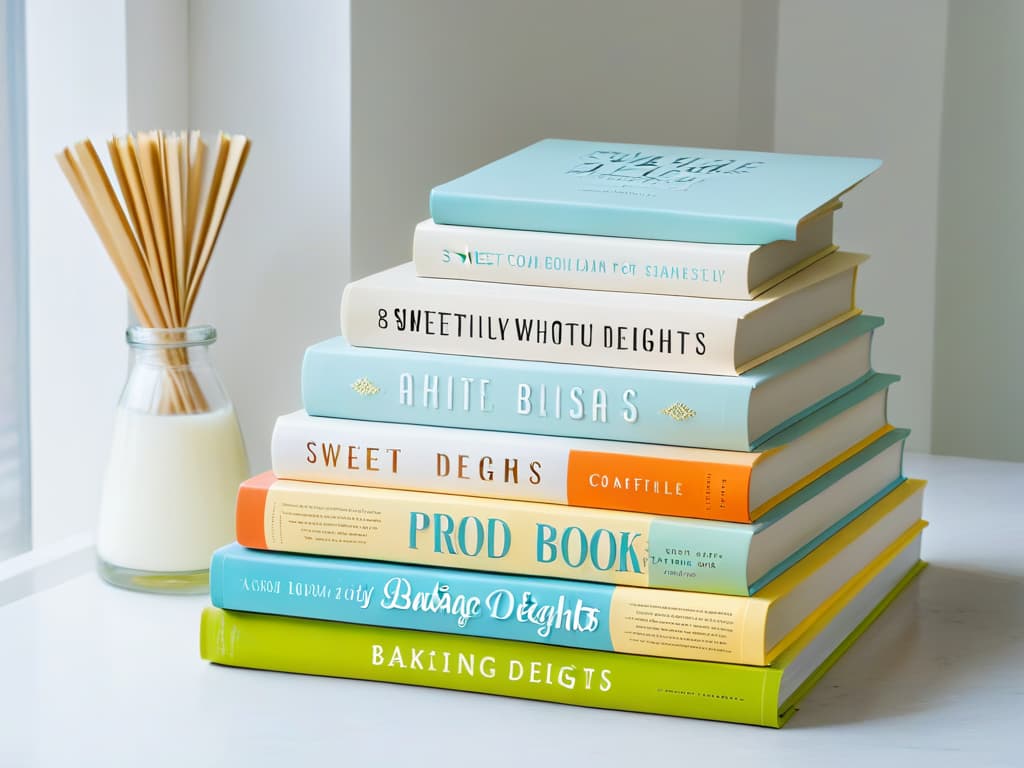  A highresolution image of a pristine white kitchen countertop with a stack of beautifully designed glutenfree baking books displayed neatly on top. Each book features a different pastelcolored cover with elegant typography, showcasing titles like "Sweet Treats Without Gluten," "Baking Bliss for Beginners," and "GlutenFree Delights." The soft morning light filters in through a nearby window, casting a gentle glow on the books and creating a serene, inviting atmosphere for budding glutenfree bakers. hyperrealistic, full body, detailed clothing, highly detailed, cinematic lighting, stunningly beautiful, intricate, sharp focus, f/1. 8, 85mm, (centered image composition), (professionally color graded), ((bright soft diffused light)), volumetric fog, trending on instagram, trending on tumblr, HDR 4K, 8K