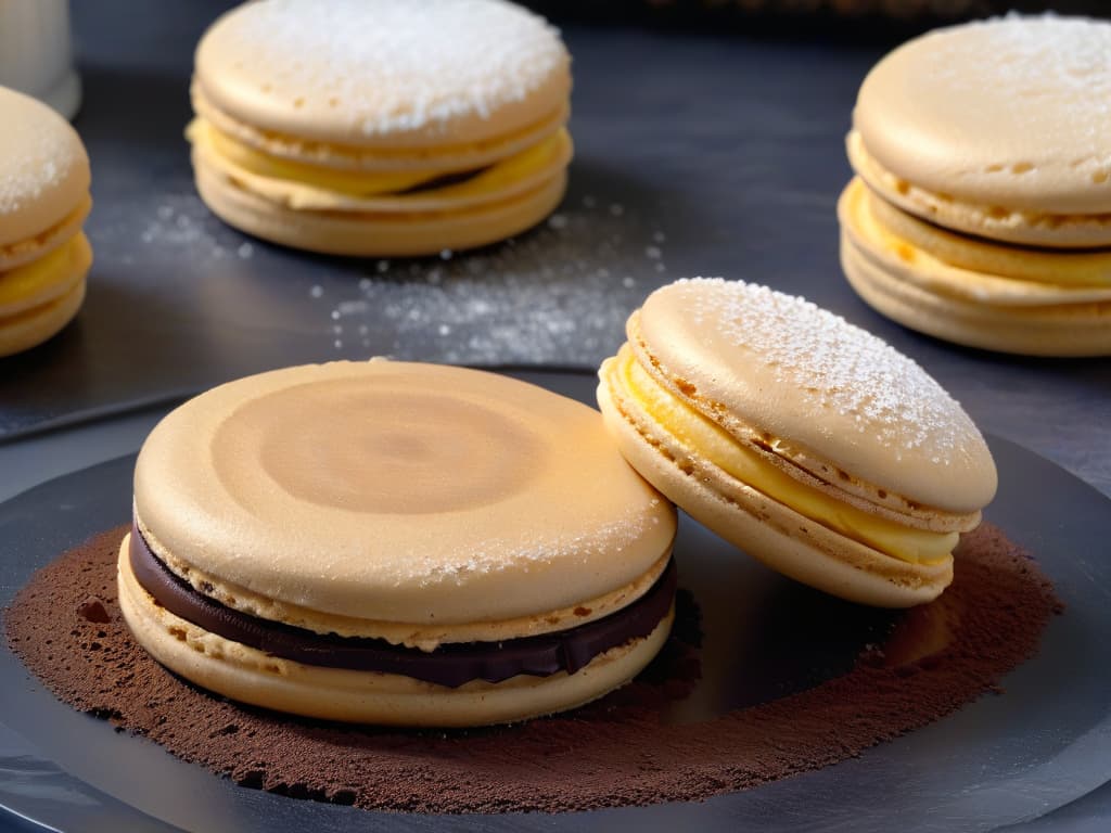  An ultradetailed closeup image of a perfectly goldenbrown glutenfree almond flour macaron with a delicate dusting of powdered sugar on top, resting on a chic marble countertop. The macaron is elegantly sandwiched with a rich, velvety dark chocolate ganache, showcasing its intricate ridges and smooth surface that glisten under soft, natural lighting. The background is blurred, emphasizing the meticulous craftsmanship and luxurious appeal of this gourmet glutenfree treat. hyperrealistic, full body, detailed clothing, highly detailed, cinematic lighting, stunningly beautiful, intricate, sharp focus, f/1. 8, 85mm, (centered image composition), (professionally color graded), ((bright soft diffused light)), volumetric fog, trending on instagram, trending on tumblr, HDR 4K, 8K