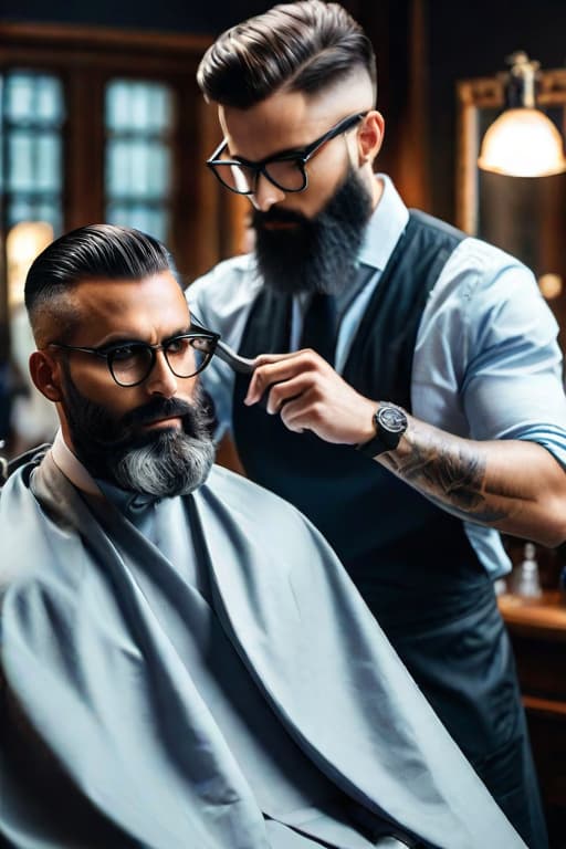  Barber with glasses , grey black beard cutting hair in Glasgow hyperrealistic, full body, detailed clothing, highly detailed, cinematic lighting, stunningly beautiful, intricate, sharp focus, f/1. 8, 85mm, (centered image composition), (professionally color graded), ((bright soft diffused light)), volumetric fog, trending on instagram, trending on tumblr, HDR 4K, 8K