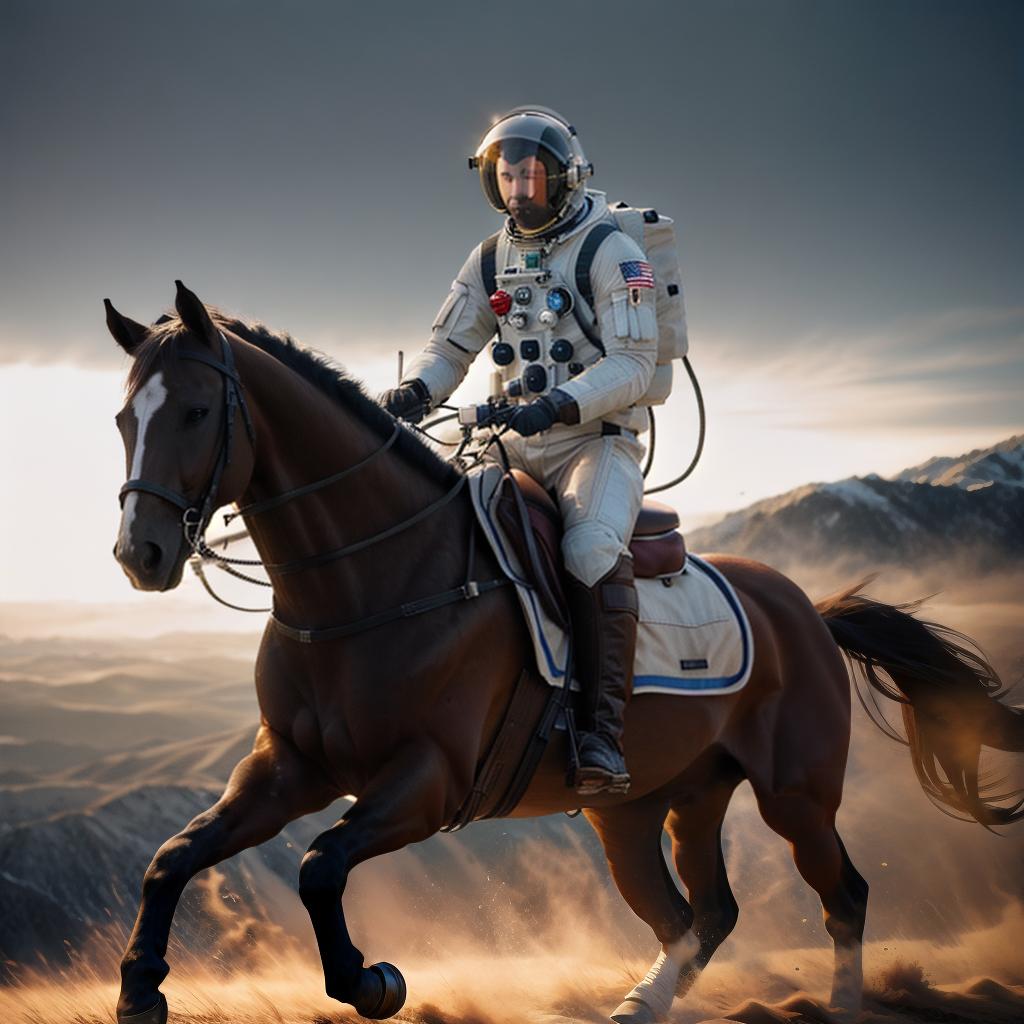  A photograph of an astronaut riding a horse hyperrealistic, full body, detailed clothing, highly detailed, cinematic lighting, stunningly beautiful, intricate, sharp focus, f/1. 8, 85mm, (centered image composition), (professionally color graded), ((bright soft diffused light)), volumetric fog, trending on instagram, trending on tumblr, HDR 4K, 8K