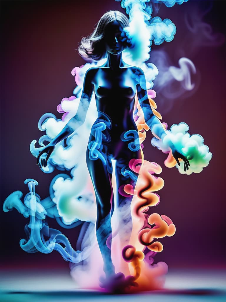  ultra detailed shot of a figure fully made of smoke in a female shape, full body zoomed, ((color explosion)), (ghostly figure) side view, motion effects, colorful smoke, studio lights, ultra sharp focus, high speed shot, art by Mschiffer, soft colors,
