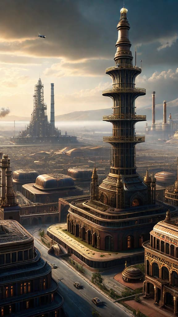  (A sprawling, majestic city with grand, ornate buildings powered by what appears to be atmospheric energy. The architecture features intricate designs and patterns, suggesting the Tartarians' mastery of frequency manipulation and vibration control. In the background, looming oil derricks and industrial complexes represent the threat posed by the Tartarian Empire's free energy technology to the powerful oil industry.) hyperrealistic, full body, detailed clothing, highly detailed, cinematic lighting, stunningly beautiful, intricate, sharp focus, f/1. 8, 85mm, (centered image composition), (professionally color graded), ((bright soft diffused light)), volumetric fog, trending on instagram, trending on tumblr, HDR 4K, 8K