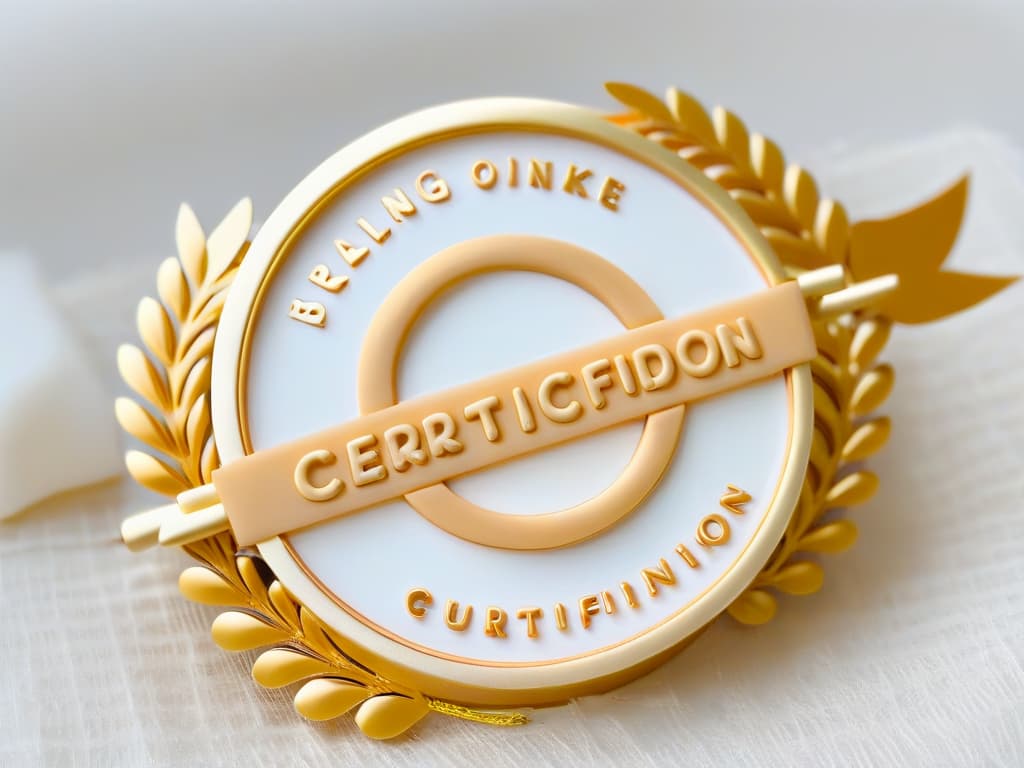  An ultrahigh resolution image of a pristine, sleek online certification badge in elegant gold and white tones, featuring intricate pastry tools like rolling pins, whisks, and piping bags subtly intertwined with digital elements. The badge is set against a clean, modern backdrop, symbolizing the fusion of traditional baking skills with cuttingedge online learning, perfectly encapsulating the essence of professional growth and inspiration in the field of online pastry certification for aspiring entrepreneurs. hyperrealistic, full body, detailed clothing, highly detailed, cinematic lighting, stunningly beautiful, intricate, sharp focus, f/1. 8, 85mm, (centered image composition), (professionally color graded), ((bright soft diffused light)), volumetric fog, trending on instagram, trending on tumblr, HDR 4K, 8K