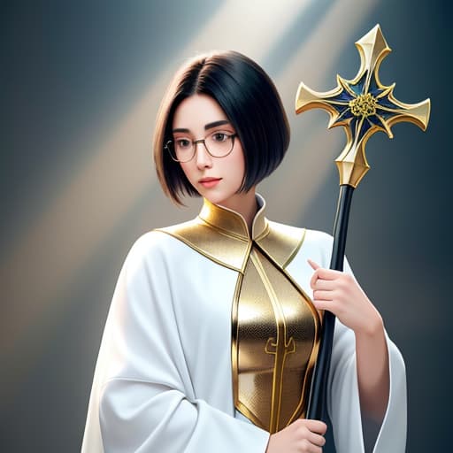  Beautiful female, youg human with short black hair that's a Christian healer The young woman is a superhero in the middle ages , she likes to wearing gold trim white bodysuit with boots young woman has a glowing cross staff and wears glasses , hyperrealistic, high quality, highly detailed, cinematic lighting, intricate, sharp focus, f/1. 8, 85mm, (centered image composition), (professionally color graded), ((bright soft diffused light)), volumetric fog, trending on instagram, HDR 4K, 8K