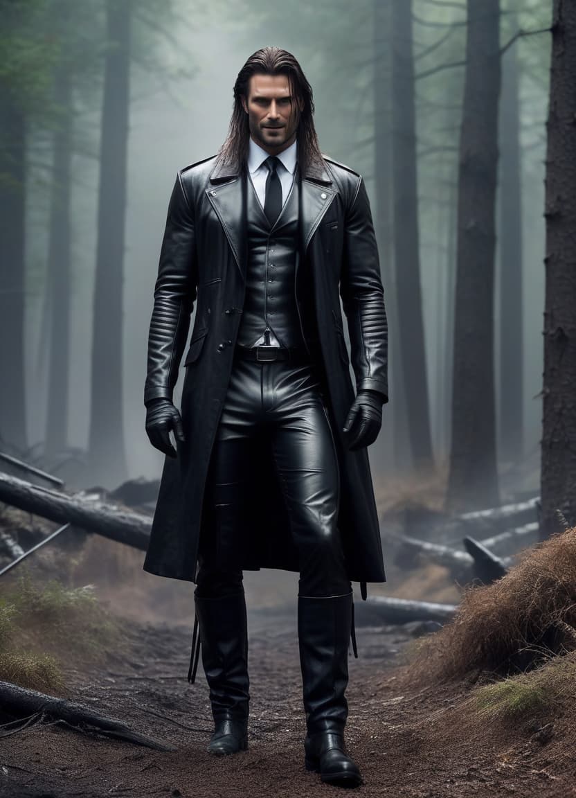  dystopian style Sweaty forest Man: Terrifying smile, killer, tall, leather coat, business suit, leather gloves, long hair, makeup on face, . bleak, post apocalyptic, somber, dramatic, highly detailed hyperrealistic, full body, detailed clothing, highly detailed, cinematic lighting, stunningly beautiful, intricate, sharp focus, f/1. 8, 85mm, (centered image composition), (professionally color graded), ((bright soft diffused light)), volumetric fog, trending on instagram, trending on tumblr, HDR 4K, 8K