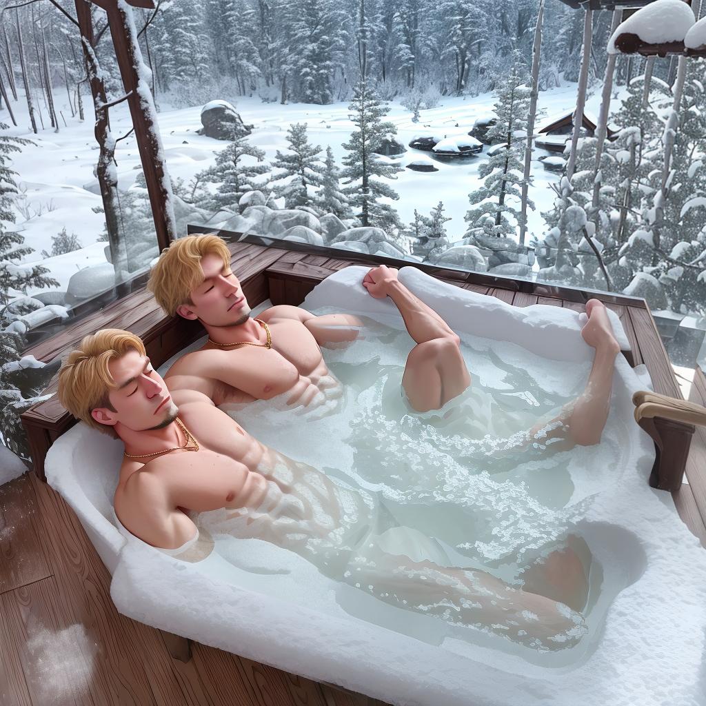  masterpiece, best quality, In a remote Swedish retreat, a muscular and toned man with short blonde hair and a glimmering gold necklace indulges in a blissful soak in a steaming hot tub. Surrounded by a breathtaking winter wonderland, the tub sits atop a snow-covered wooden deck, offering a stark contrast between the warmth of the water and the frosty landscape. The man's relaxed posture and closed eyes convey a sense of profound contentment and rejuvenation. The air is crisp and invigorating, with the steam rising in delicate tendrils, merging with the icy breath of the surrounding forest. The photograph exudes a serene and introspective mood, inviting viewers to embrace the tranquility of this secluded retreat. The style is cinematic, with