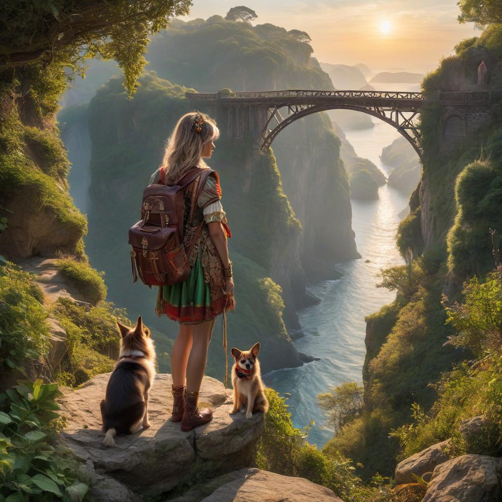  The Fool Tarot Card. A girl dressed as a jester stands at the edge of a cliff. In front of her are three rope bridges leading in different directions. She has a backpack with her. Next to the girl is a small dog. The sun is shining. hyperrealistic, full body, detailed clothing, highly detailed, cinematic lighting, stunningly beautiful, intricate, sharp focus, f/1. 8, 85mm, (centered image composition), (professionally color graded), ((bright soft diffused light)), volumetric fog, trending on instagram, trending on tumblr, HDR 4K, 8K