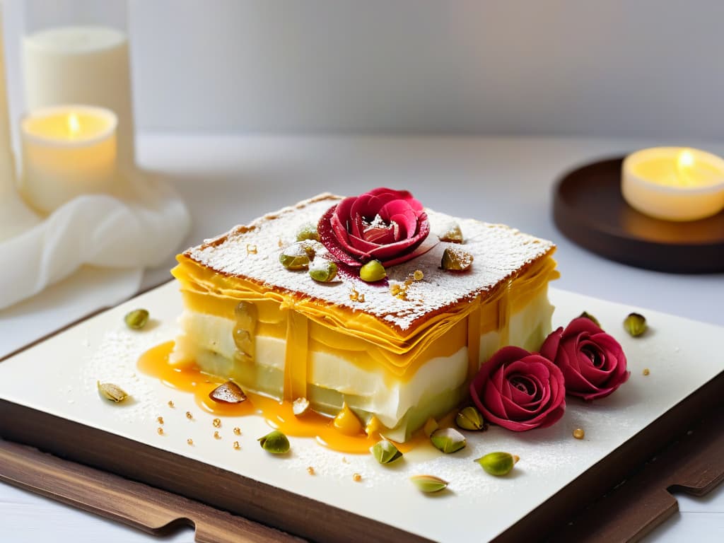  An ultradetailed image of a beautifully plated Egyptian dessert, showcasing intricate layers of phyllo pastry, pistachios, and a drizzle of honey, all set against a stark white background with soft, diffused lighting. The dessert is garnished with delicate rose petals and gold leaf, exuding an air of elegance and sophistication while highlighting the rich cultural heritage of Egyptian pastrymaking traditions. hyperrealistic, full body, detailed clothing, highly detailed, cinematic lighting, stunningly beautiful, intricate, sharp focus, f/1. 8, 85mm, (centered image composition), (professionally color graded), ((bright soft diffused light)), volumetric fog, trending on instagram, trending on tumblr, HDR 4K, 8K