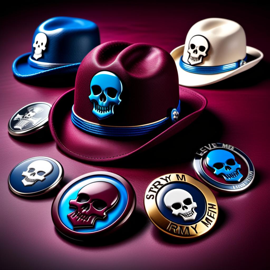  HDR photo of Icons and badges for Strymer by level, skull in hat, stylish, burgundy and blue color . High dynamic range, vivid, rich details, clear shadows and highlights, realistic, intense, enhanced contrast, highly detailed