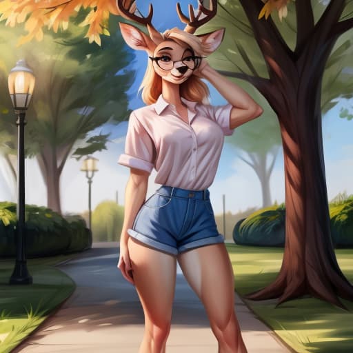  Deer, girl, glasses, johnfoxart, park, best quality, best anatomy, full height, best face, shirt, open eyes, digital art, masterpiece, 4k, fine details,