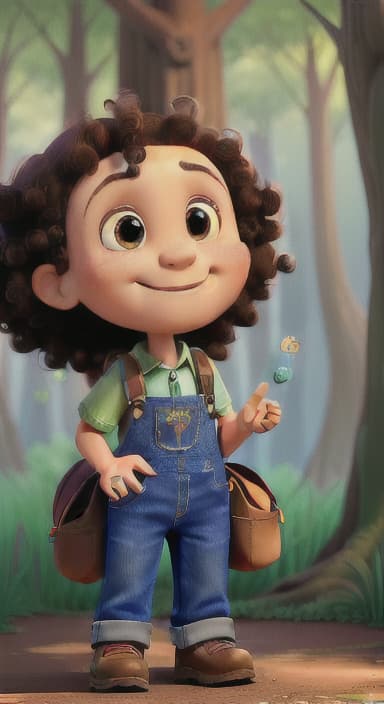  {The tree with a smiling face formed by its bark, looking down at Riley., Riley, a curious with big brown eyes and curly hair, wearing overalls and carrying a small backpack. Their friend, Skye, a bluebird with shiny feathers.