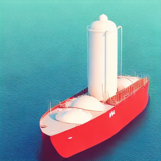 analog style Animation of an LNG-fueled ship sailing on calm waters and  Close-up of the LNG  tank sections at right side.
