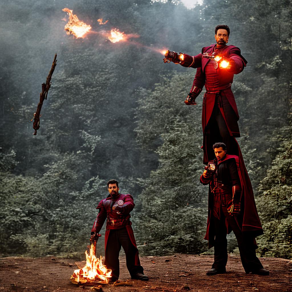 analog style Iron man fire mage holding wooden fire staff, Cyberpunk hyperrealistic, full body, detailed clothing, highly detailed, cinematic lighting, stunningly beautiful, intricate, sharp focus