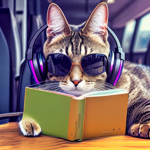 nvinkpunk Realistic image of a cat wearing headphones and reading glasses while riding a bus. hyperrealistic, full body, detailed clothing, highly detailed, cinematic lighting, stunningly beautiful, intricate, sharp focus, f/1. 8, 85mm, (centered image composition), (professionally color graded), ((bright soft diffused light)), volumetric fog, trending on instagram, trending on tumblr, HDR 4K, 8K