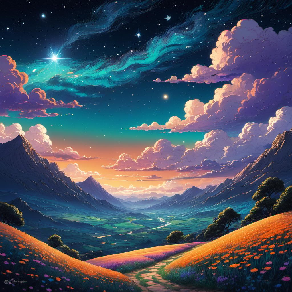  Valley of Eternal Winds, starry sky, starry sky, clouds, vivid, highly detailed, by Hayao Miyazaki, hand-drawn, Midnight, whimsical, (enchanting atmosphere:1.1), warm lighting , depth of field, Wacom Cintiq, Adobe Photoshop, 300 DPI, Lavender Shades, (teal and orange:0.3)