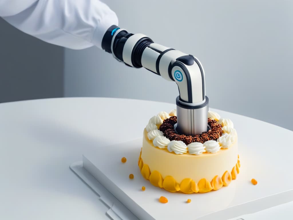  An ultradetailed closeup image of a sleek, futuristic robotic arm delicately piping intricate designs on a freshly baked dessert, showcasing precision and innovation in dessert customization. The metallic arm is set against a clean, white backdrop, emphasizing the sophistication and hightech nature of robotic applications in the culinary world. hyperrealistic, full body, detailed clothing, highly detailed, cinematic lighting, stunningly beautiful, intricate, sharp focus, f/1. 8, 85mm, (centered image composition), (professionally color graded), ((bright soft diffused light)), volumetric fog, trending on instagram, trending on tumblr, HDR 4K, 8K