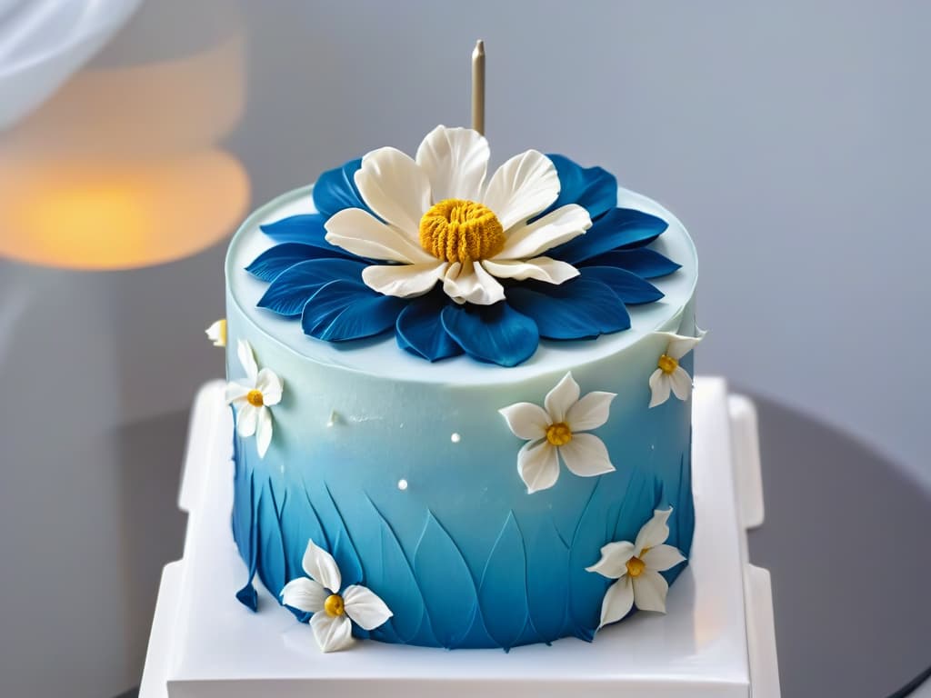  A closeup, ultradetailed photograph of a perfectly crafted, intricate sugar flower delicately placed on a modern, sleek cake. The flower exhibits stunning details of delicate petals, intricate veins, and a subtle shimmer, showcasing the artistry and precision involved in modern pastry making. The background is softly blurred, emphasizing the flawless beauty and elegance of the sugar creation. hyperrealistic, full body, detailed clothing, highly detailed, cinematic lighting, stunningly beautiful, intricate, sharp focus, f/1. 8, 85mm, (centered image composition), (professionally color graded), ((bright soft diffused light)), volumetric fog, trending on instagram, trending on tumblr, HDR 4K, 8K