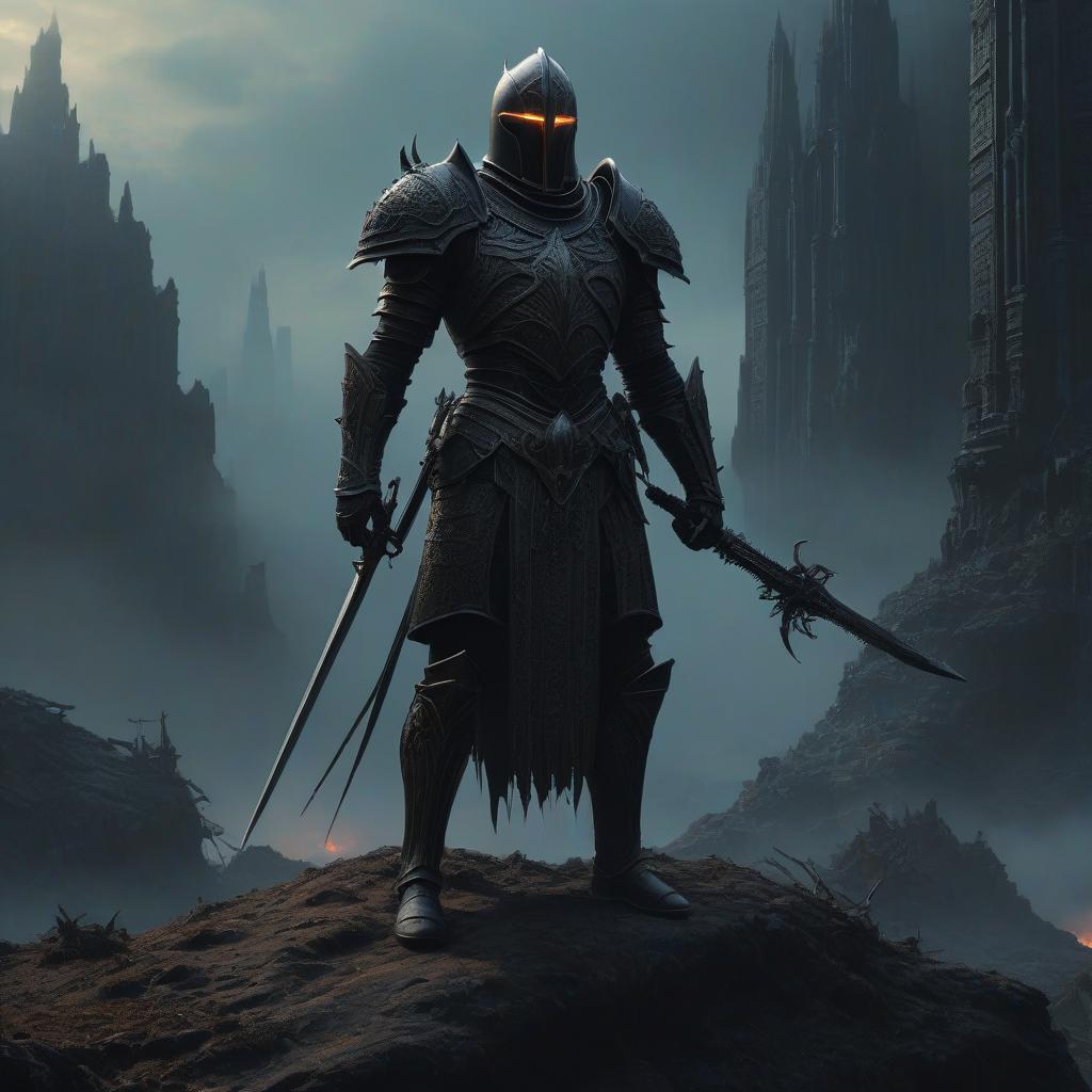  concept art knight of darkness fantasy art by beksinski and szukalski and giger and and pyromallis and dzo and iris compiet and seb mckinnon and, digital art, highly detailed, intricate, (sharp focus:1.43), (trending on artstation hq:1.15), deviantart, pinterest, unreal engine 5, 4k uhd image . digital artwork, illustrative, painterly, matte painting, highly detailed hyperrealistic, full body, detailed clothing, highly detailed, cinematic lighting, stunningly beautiful, intricate, sharp focus, f/1. 8, 85mm, (centered image composition), (professionally color graded), ((bright soft diffused light)), volumetric fog, trending on instagram, trending on tumblr, HDR 4K, 8K