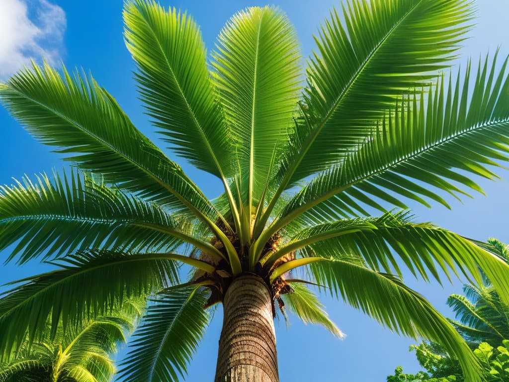  A closeup, ultradetailed image of a single coconut palm tree with vibrant green leaves against a clear blue sky, showcasing the tropical and sustainable essence of coconut sugar. The image focuses on the intricate texture of the palm leaves, the rough bark of the tree trunk, and the contrast between the lush greenery and the bright sky, evoking a sense of freshness and natural beauty. hyperrealistic, full body, detailed clothing, highly detailed, cinematic lighting, stunningly beautiful, intricate, sharp focus, f/1. 8, 85mm, (centered image composition), (professionally color graded), ((bright soft diffused light)), volumetric fog, trending on instagram, trending on tumblr, HDR 4K, 8K