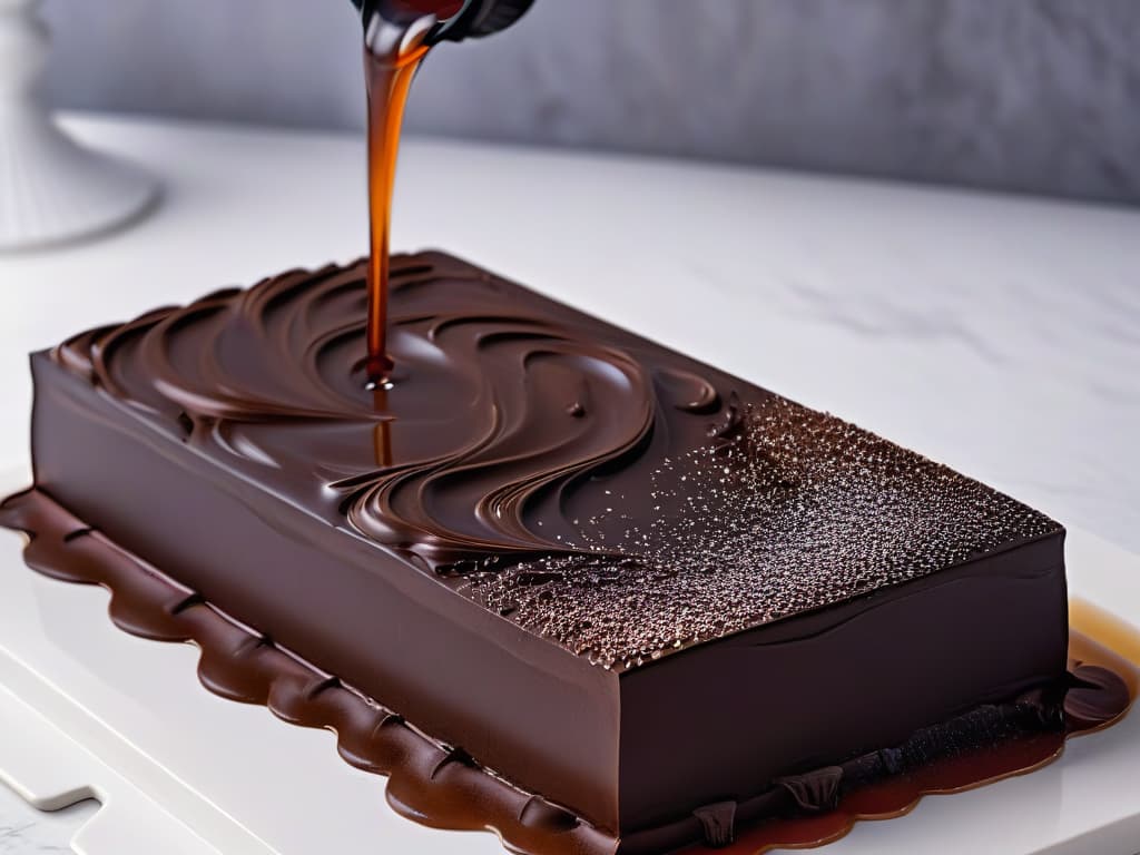  An ultradetailed closeup image of tempered dark chocolate being poured onto a marble surface, showcasing the glossy texture and precise flow, with subtle swirls and ripples forming as it cools. The intricate patterns and reflections capture the temperaturesensitive nature of working with chocolate, emphasizing the skill and precision required in pastry making. hyperrealistic, full body, detailed clothing, highly detailed, cinematic lighting, stunningly beautiful, intricate, sharp focus, f/1. 8, 85mm, (centered image composition), (professionally color graded), ((bright soft diffused light)), volumetric fog, trending on instagram, trending on tumblr, HDR 4K, 8K