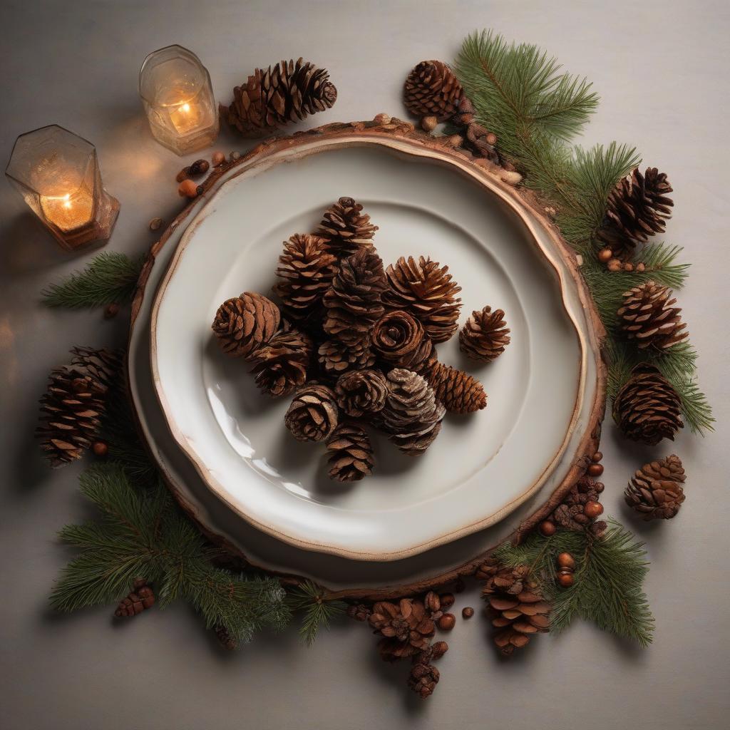  A beautiful food photo of lifestyles with pine cones on a light plate. hyperrealistic, full body, detailed clothing, highly detailed, cinematic lighting, stunningly beautiful, intricate, sharp focus, f/1. 8, 85mm, (centered image composition), (professionally color graded), ((bright soft diffused light)), volumetric fog, trending on instagram, trending on tumblr, HDR 4K, 8K