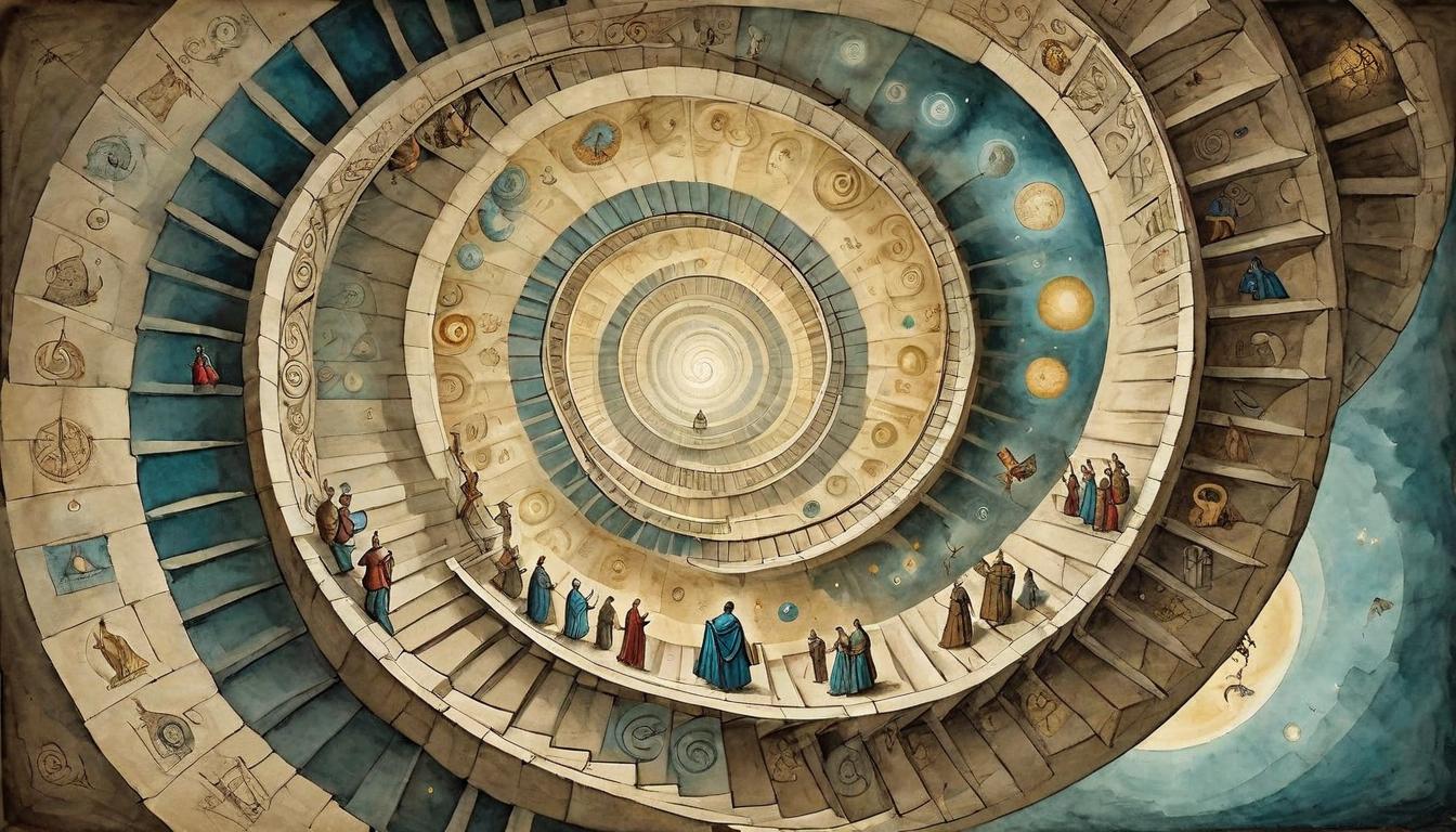  on parchment, surrealism+++, Figures ascending along a spiral staircase of light, interconnected, communal energy, bright pinnacle, collective evolution, shared journey, transformative light(mysterious, provocative, symbolic,muted color)+++