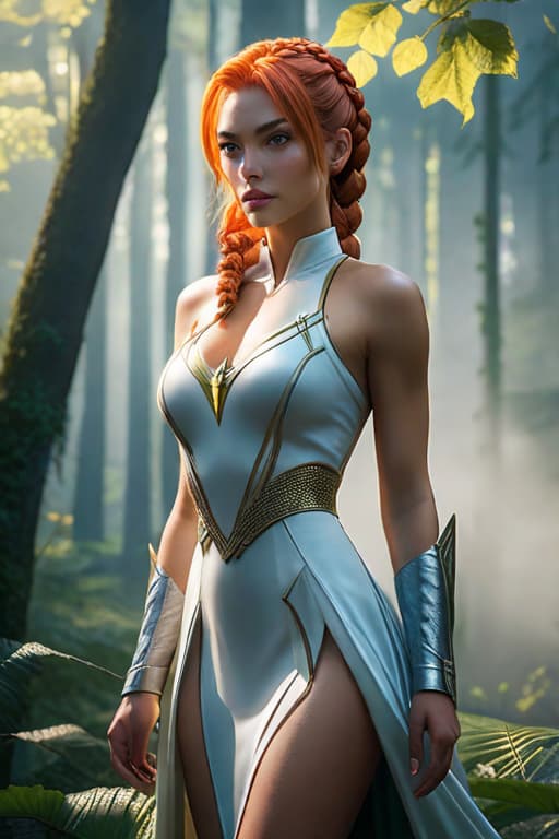  best quality, masterpiece, highres, photorealistic, high quality, volumetric lighting, candid, Photograph, high resolution, nightime, a young white girl with skin details, fiery braids hair, light Aureolin eyes, whymsical, fantasy, harmonious, determined, foggy old forest, dress like a super heros, beautiful with eyes liner realistic hyperrealistic, full body, detailed clothing, highly detailed, cinematic lighting, stunningly beautiful, intricate, sharp focus, f/1. 8, 85mm, (centered image composition), (professionally color graded), ((bright soft diffused light)), volumetric fog, trending on instagram, trending on tumblr, HDR 4K, 8K