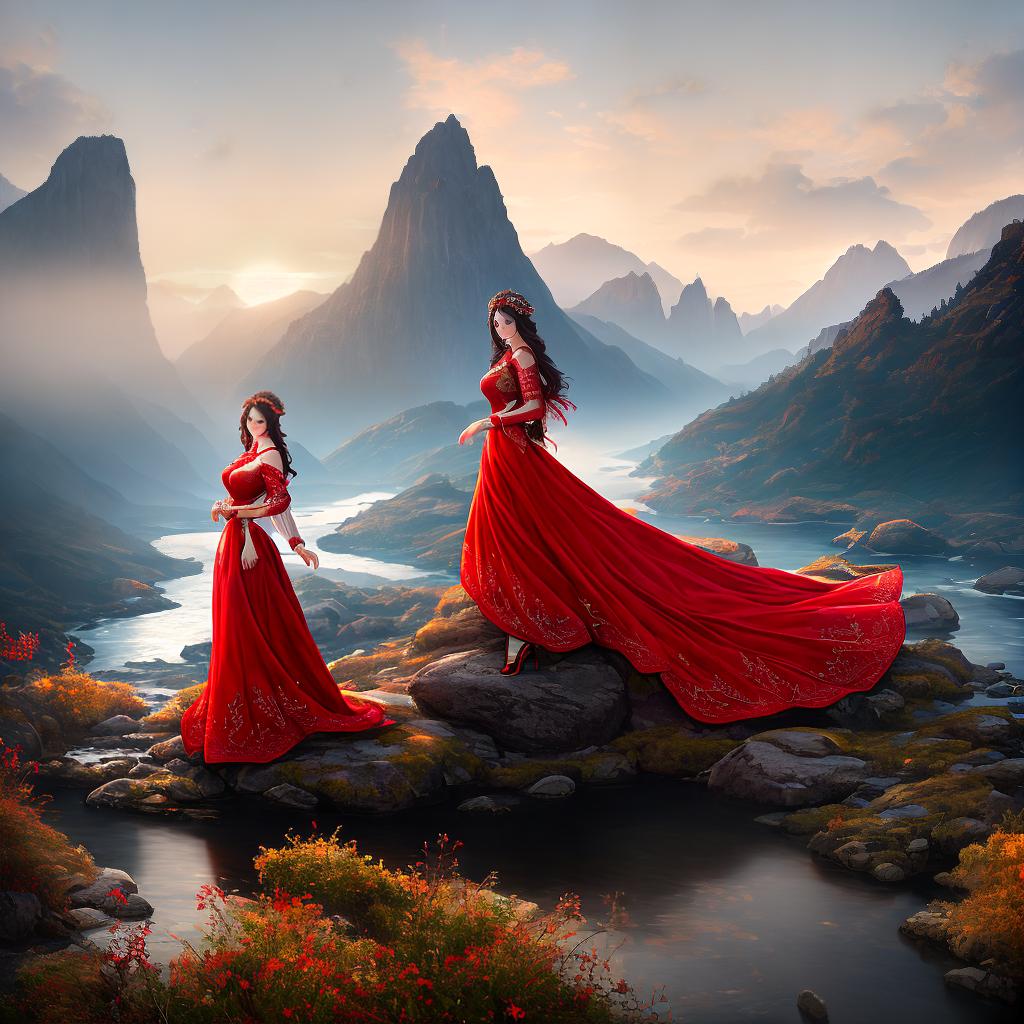  ((Masterpiece)), (((best quality))), 8k, high detailed, ultra-detailed. A stunning portrayal of a woman in traditional attire, her red dress flowing as she stands against a backdrop of ink-washed mountains and rivers. hyperrealistic, full body, detailed clothing, highly detailed, cinematic lighting, stunningly beautiful, intricate, sharp focus, f/1. 8, 85mm, (centered image composition), (professionally color graded), ((bright soft diffused light)), volumetric fog, trending on instagram, trending on tumblr, HDR 4K, 8K