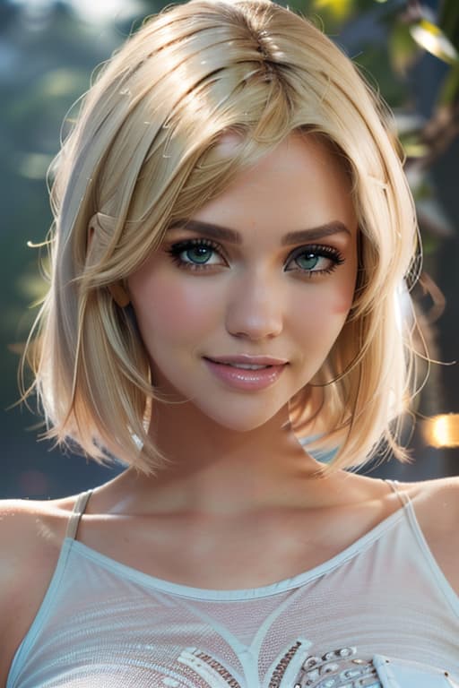  1girl,1girl,blonde short hair,straight hair,upper body shot,shirt,smile hyperrealistic, full body, detailed clothing, highly detailed, cinematic lighting, stunningly beautiful, intricate, sharp focus, f/1. 8, 85mm, (centered image composition), (professionally color graded), ((bright soft diffused light)), volumetric fog, trending on instagram, trending on tumblr, HDR 4K, 8K