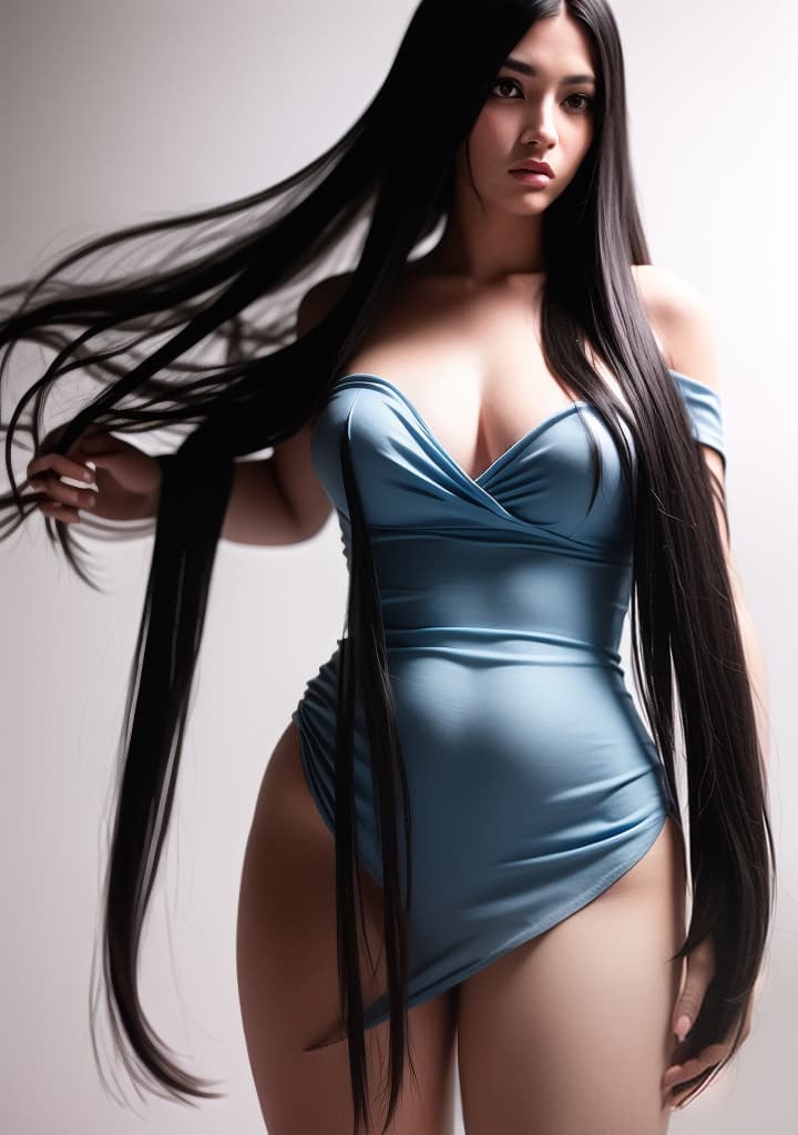  ((Beautiful , 2, long black hair, straight hair, blue off-the-shoulder dress. white background Picture of the upper half of the body, smooth, beautiful skin, model figure)),(), beautiful, high quality,masterpiece,extremely detailed,high res,4k,ultra high res,detailed shadow,ultra realistic,dramatic lighting,bright light