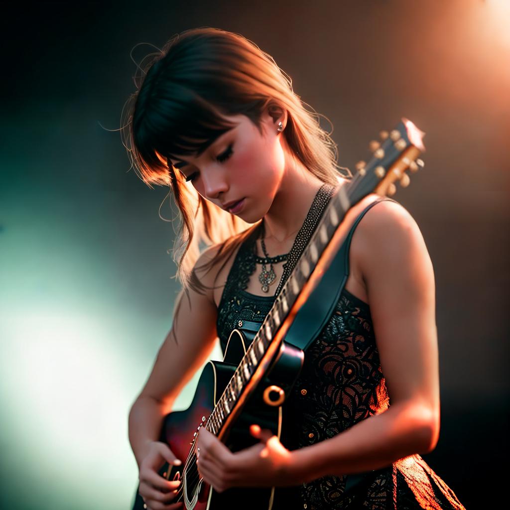  girl playing guitar ,highly detailed, cinematic lighting, stunningly beautiful, intricate, sharp focus, f1. 8, 85mm, (centered image composition), (professionally color graded), ((bright soft diffused light)), volumetric fog, trending on instagram, trending on tumblr, HDR 4K, 8K