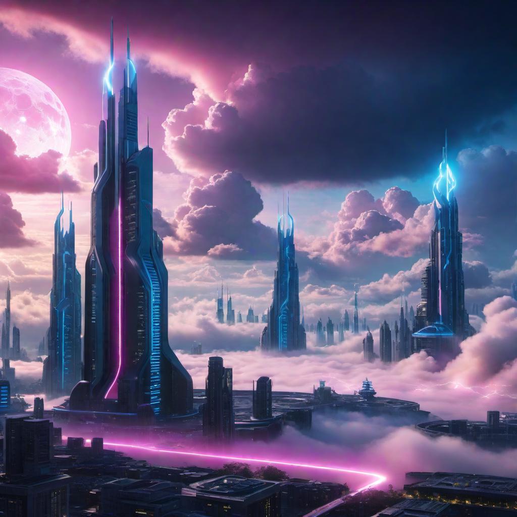  A logo for a futuristic floating city in the clouds, with electricity streaking behind the city. The clouds are black and pink, with bright blue electricity. The scene is set at night time. The style should be sleek, modern, and futuristic. hyperrealistic, full body, detailed clothing, highly detailed, cinematic lighting, stunningly beautiful, intricate, sharp focus, f/1. 8, 85mm, (centered image composition), (professionally color graded), ((bright soft diffused light)), volumetric fog, trending on instagram, trending on tumblr, HDR 4K, 8K