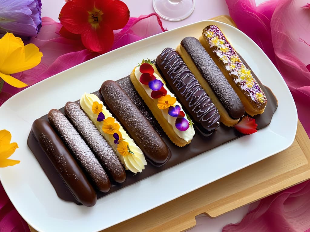  An image of a beautifully arranged platter of colorful, freshly baked éclairs made with wholesome ingredients like almond flour, coconut sugar, and dark chocolate ganache. Each éclair is garnished delicately with a sprinkle of edible flowers and a dusting of cocoa powder, showcasing the elegant and guiltfree indulgence of healthy French pastries. The background is a simple, clean white marble surface, emphasizing the minimalistic and sophisticated presentation of the éclairs. hyperrealistic, full body, detailed clothing, highly detailed, cinematic lighting, stunningly beautiful, intricate, sharp focus, f/1. 8, 85mm, (centered image composition), (professionally color graded), ((bright soft diffused light)), volumetric fog, trending on instagram, trending on tumblr, HDR 4K, 8K