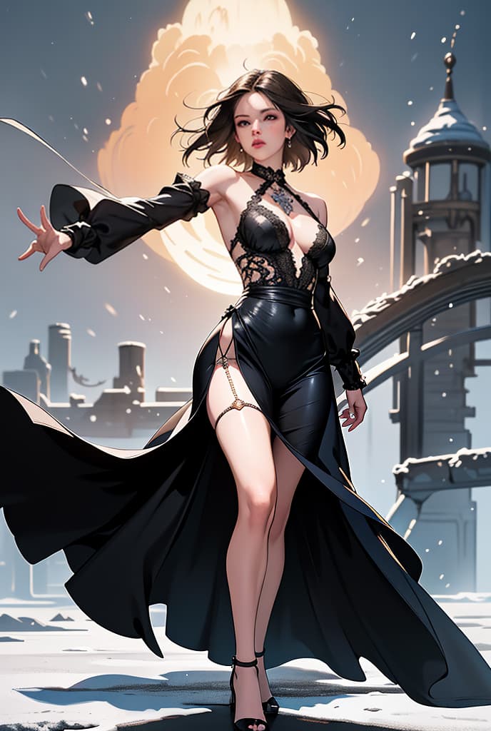  1 Russia , slim body, best anatomy, ocean eyes, cut short hair rose gold , small , black torn lace dress, back dress open, dress torn, tabi shoes, holster thigh heavy snow falling in foreground, windy, chaos snow falling messy background, sci-fi background, rotated, moved background, sci-fi movie, evening, low light, complex composition, evening sunset fighting, dynamic action shot, holding short weapons, action movie pose, cowboy shot zentangle, mandala, tangle, entangle, vivid color by james jean, roby dwi antono, ross tran, francis bacon, michal mraz, adrian ghenie, petra cortright, gerhard richter, takato yamamoto, sci-fi atmosphere, gold light and shadow on face, ADVERTISING PHOTO,high quality, good proportion, 