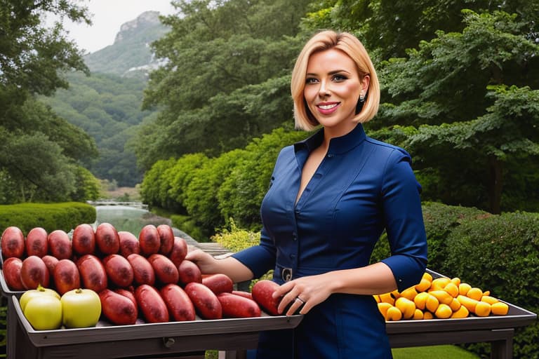  scarlett johansson holding two large sausages, smiling hyperrealistic, full body, detailed clothing, highly detailed, cinematic lighting, stunningly beautiful, intricate, sharp focus, f/1. 8, 85mm, (centered image composition), (professionally color graded), ((bright soft diffused light)), volumetric fog, trending on instagram, trending on tumblr, HDR 4K, 8K