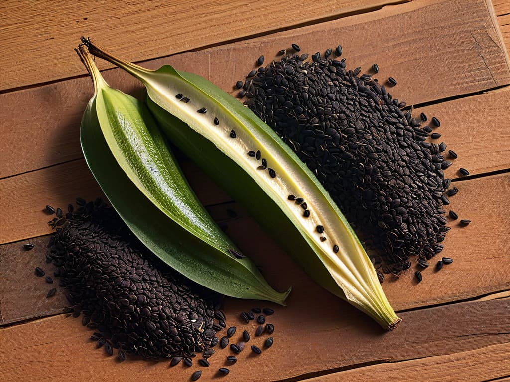  An intricate closeup image of a Malagasy vanilla bean pod split open to reveal its tiny black seeds glistening under soft, natural lighting. The focus is sharp, capturing the intricate details of the pod's textured surface and the arrangement of seeds inside, evoking a sense of purity and the essence of Madagascar's renowned vanilla. hyperrealistic, full body, detailed clothing, highly detailed, cinematic lighting, stunningly beautiful, intricate, sharp focus, f/1. 8, 85mm, (centered image composition), (professionally color graded), ((bright soft diffused light)), volumetric fog, trending on instagram, trending on tumblr, HDR 4K, 8K