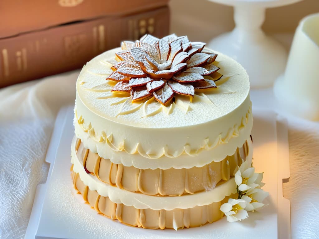  A closeup, ultradetailed image of a perfectly stacked and glazed Kransekake Noruego, showcasing the intricate rings of almond cake, each layer elegantly decreasing in size, with a glossy finish that reflects the light beautifully. The cake is adorned with delicate white flowers on top, adding a touch of elegance to the traditional Norwegian dessert. hyperrealistic, full body, detailed clothing, highly detailed, cinematic lighting, stunningly beautiful, intricate, sharp focus, f/1. 8, 85mm, (centered image composition), (professionally color graded), ((bright soft diffused light)), volumetric fog, trending on instagram, trending on tumblr, HDR 4K, 8K