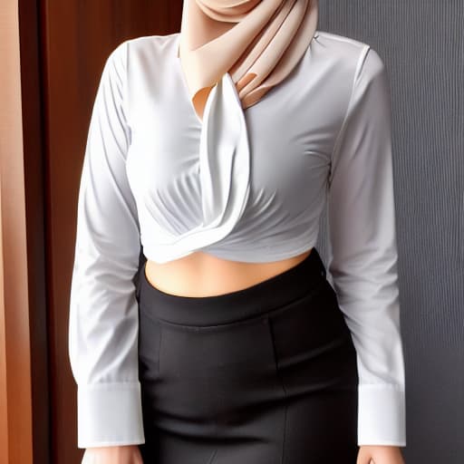  A office wearing micro, tight white formal office shirt, wearing hijab, -look, big , no , her big hard is clearly visible through the shirt, showing her body.