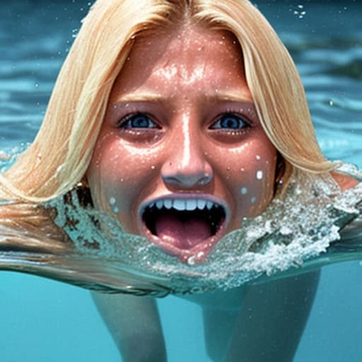  tanned blonde woman's face is above water she drowns she's screaming and panic