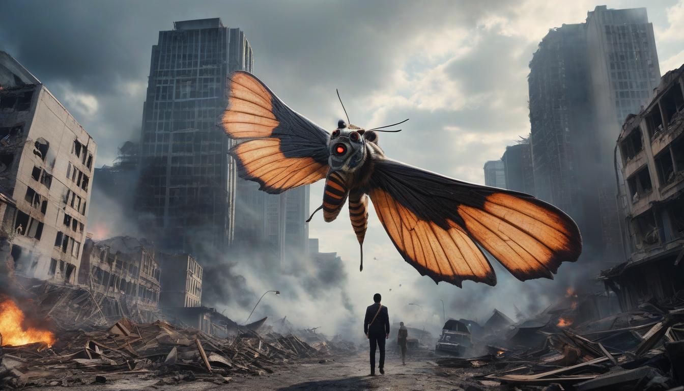  The Monster Mothra flies over the destroyed city, with thunder clouds and explosions. hyperrealistic, full body, detailed clothing, highly detailed, cinematic lighting, stunningly beautiful, intricate, sharp focus, f/1. 8, 85mm, (centered image composition), (professionally color graded), ((bright soft diffused light)), volumetric fog, trending on instagram, trending on tumblr, HDR 4K, 8K