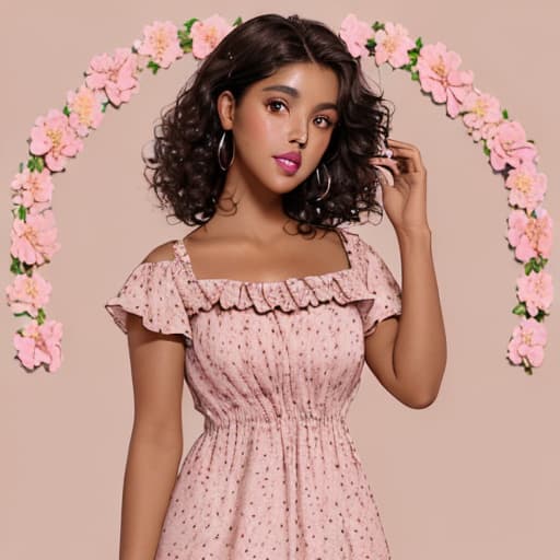  Woman with tanned skin, dark curly hair, dark brown eyes, full and slightly pink lips, round cheeks, wearing a flowery dress.