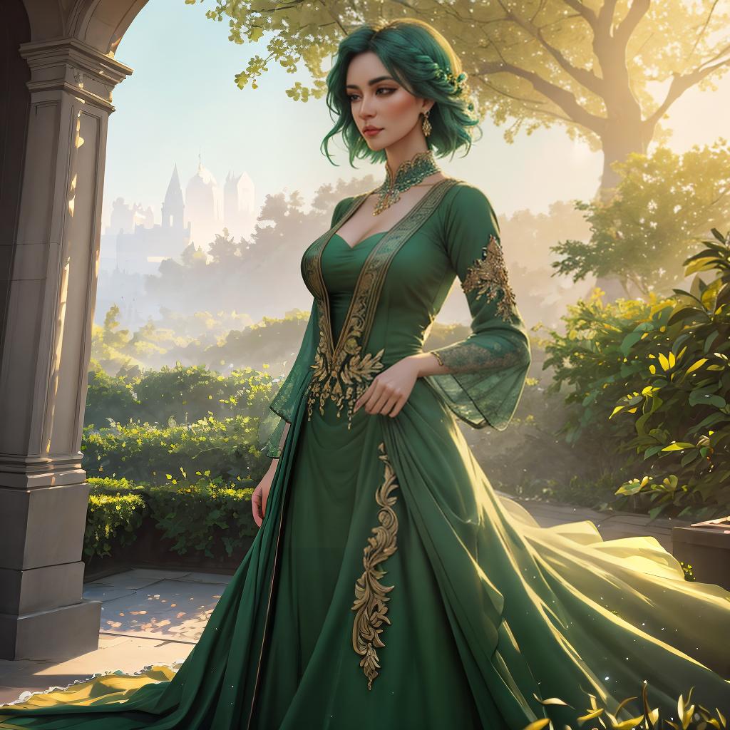  a woman in green dress painted in style od impressionism hyperrealistic, full body, detailed clothing, highly detailed, cinematic lighting, stunningly beautiful, intricate, sharp focus, f/1. 8, 85mm, (centered image composition), (professionally color graded), ((bright soft diffused light)), volumetric fog, trending on instagram, trending on tumblr, HDR 4K, 8K