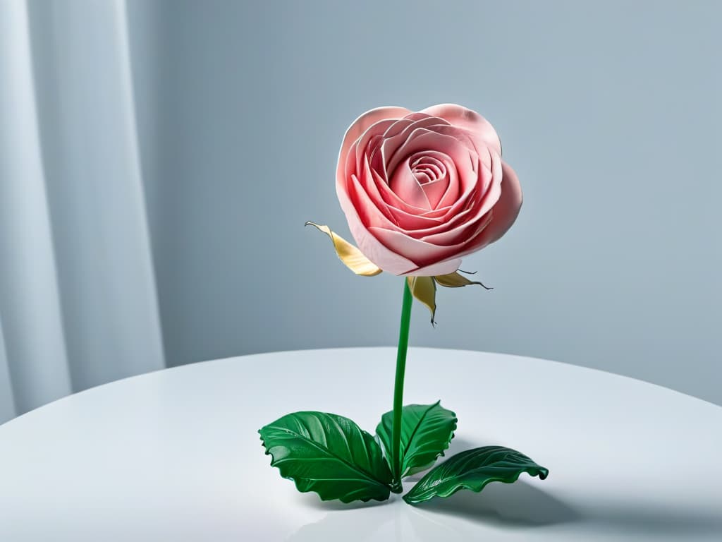  A closeup, ultradetailed photograph of a delicate sugar sculpture in the shape of a blooming rose, showcasing intricate details and a glossy finish that catches the light, set against a plain white background to emphasize the artistry and craftsmanship of the piece. hyperrealistic, full body, detailed clothing, highly detailed, cinematic lighting, stunningly beautiful, intricate, sharp focus, f/1. 8, 85mm, (centered image composition), (professionally color graded), ((bright soft diffused light)), volumetric fog, trending on instagram, trending on tumblr, HDR 4K, 8K