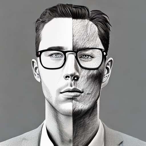 dublex style drawing, man in glasses, nature inside the man, closeup