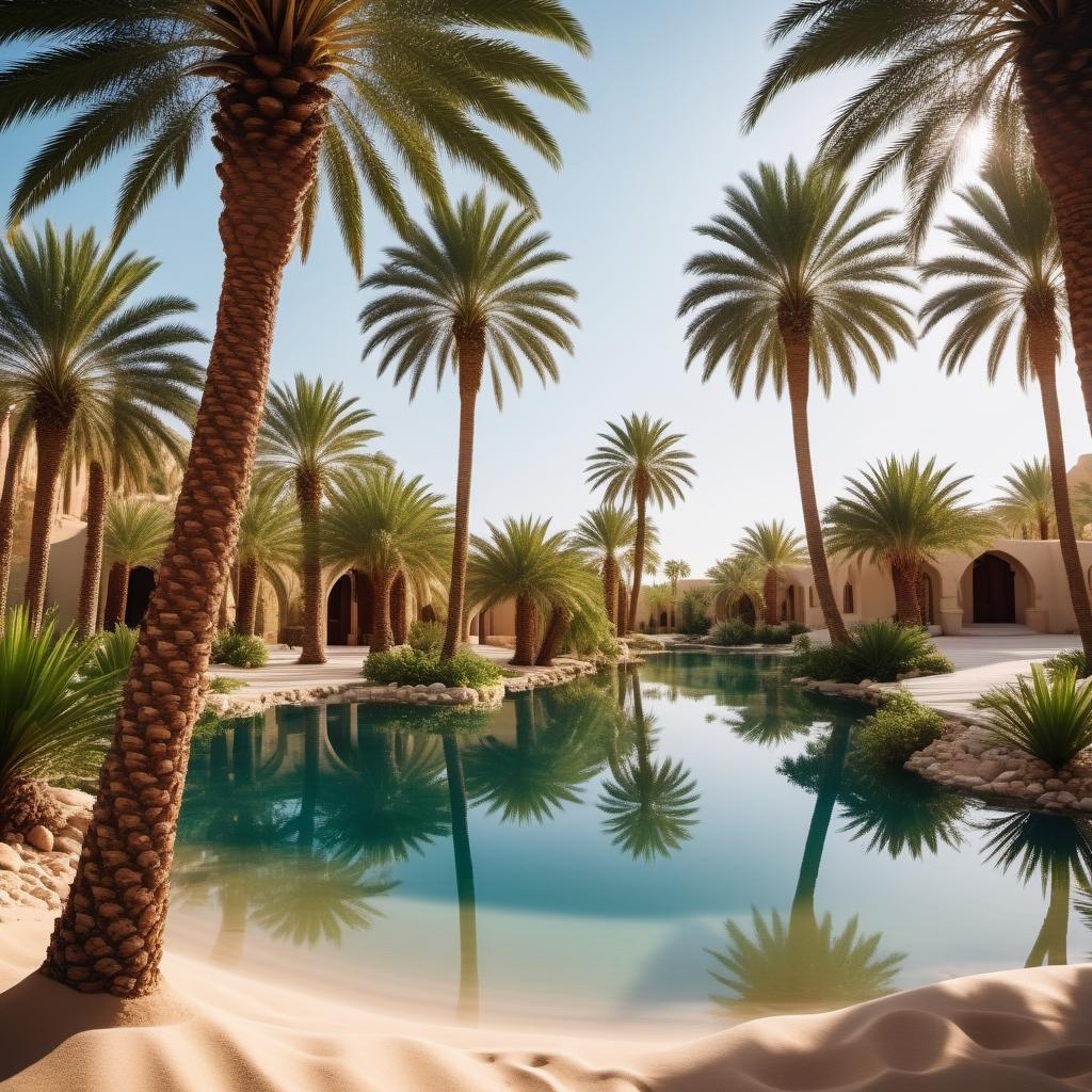  cinematic photo Imagine a picture of an oasis in the desert, surrounded by palm trees growing around a clear, sparkling pond. . 35mm photograph, film, bokeh, professional, 4k, highly detailed
