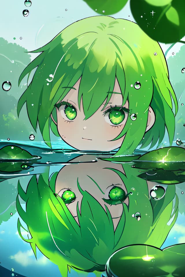  Green hair character reflected in water drops