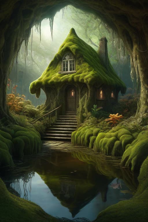  best quality professional photograph. swamp, underground cave house and made of moss, stained glass, house surrounded bushes, high detailed, in the style elegant, highly detailed digital painting, a real landscape, bloomcore, steamcore, hyperdetailed, vanishing point, digital painting, led, fantasy art, album cover art, 8k, octane render, sf, intricate artwork masterpiece, ominous, matte painting movie poster, golden ratio, trending on cgsociety, intricate, epic, trending on artstation, highly detailed, vibrant, production cinematic character render, ultra high quality model